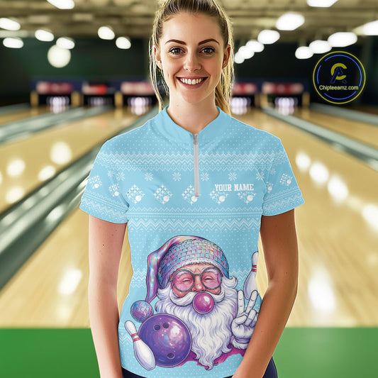Custom Funny Santa Christmas Women Bowling Quarter-Zip Shirts, Blue Xmas Team Outfit IPHW10142