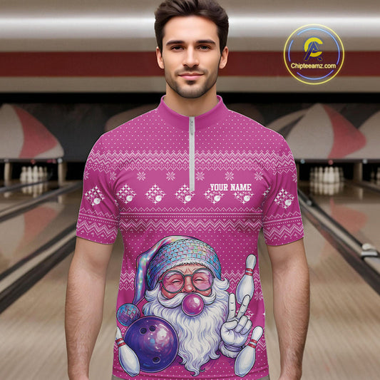 Custom Funny Santa Christmas Men Bowling Quarter-Zip Shirts, Bright Magenta Xmas Team Outfit IPHW10144