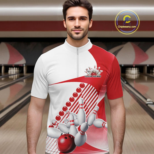 Male model in a bowling lane wearing a white and red quarter zip shirt with asymmetric wavy stripe patterns and a bowling ball crashing into pins.
