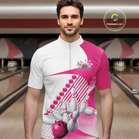 Male model in a bowling lane wearing a white and pink quarter zip shirt, featuring asymmetric wavy geometric stripes with a dynamic bowling strike graphic.