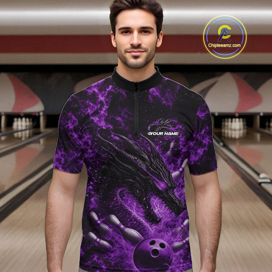 Custom Black And Purple Flame Dragon Bowling Men Quarter-Zip Shirt, Dragon Bowling League Shirt IPHW10278