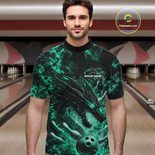 Custom Black And Green Flame Dragon Bowling Men Quarter-Zip Shirt, Dragon Bowling League Shirt IPHW10280