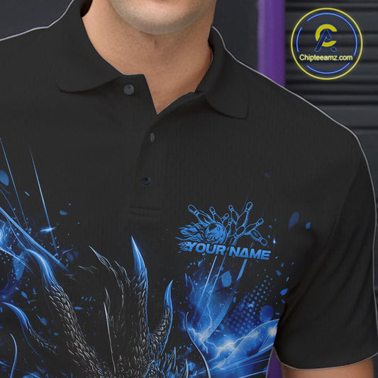 Custom Blue Fire Flame Dragon Bowling Jerseys. Dragon Bowling Men Polo Shirt IPHW10282
