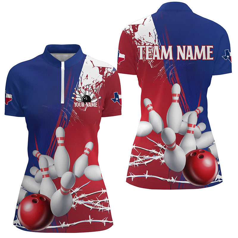 Custom Texas Ladies Bowling Shirt, Barbed Wire Texas Flag Bowling Team Shirt Bowler Outfit IPHW7550
