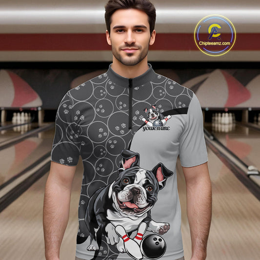 Custom Cute Funny French Bulldog Bowling Men Quarter-Zip Shirts, Dog Lovers Bowling Shirt IPHW10286