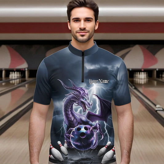 Custom Thunder Lightning Purple Dragon Bowling Quarter-Zip Shirts For Men, Bowling Team Uniform IPHW8676