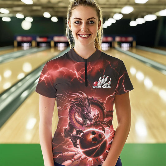 Custom Black And Red Thunder Lightning Dragon Womens Bowling Quarter-Zip Team Shirts IPHW8681