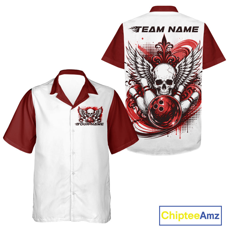 Front and back views of a custom bowling button-up shirt featuring a gothic winged skull, red bowling ball, bowling pins, and ornamental swirl details with a personalized name on a white and red shirt.