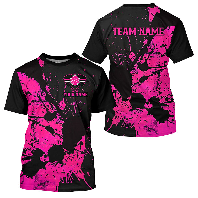 Black And Pink Splatter Custom Pickleball T-Shirts For Men, Pickleball Tournamen Team Shirt IPHW7757