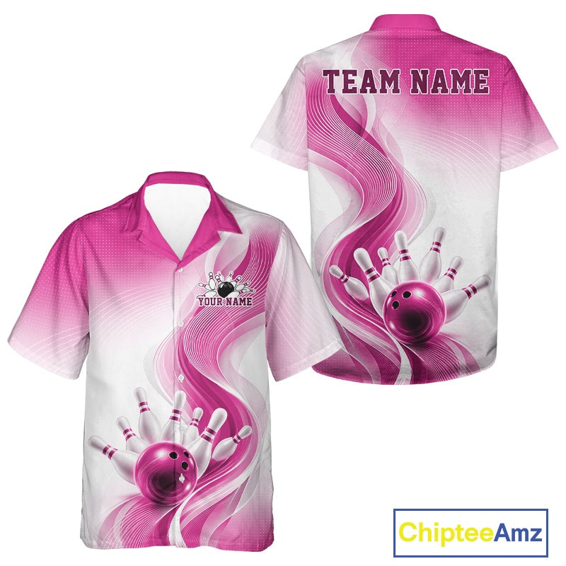 Front and back button-up bowling shirt mockup in white and pink featuring flowing wave artwork and a glossy bowling ball knocking down pins
