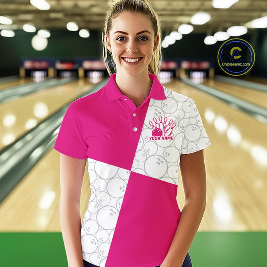 Custom White And Pink Retro Style Bowling Team Shirts For Women, Bowling Jerseys IPHW10603