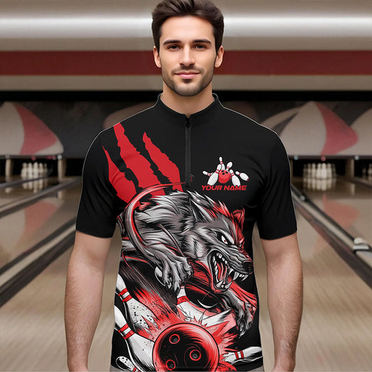 Custom Black And Red Wolf Bowling Men Quarter-Zip Shirts, Wolf Scratch Bowling Team League Shirt IPHW8719