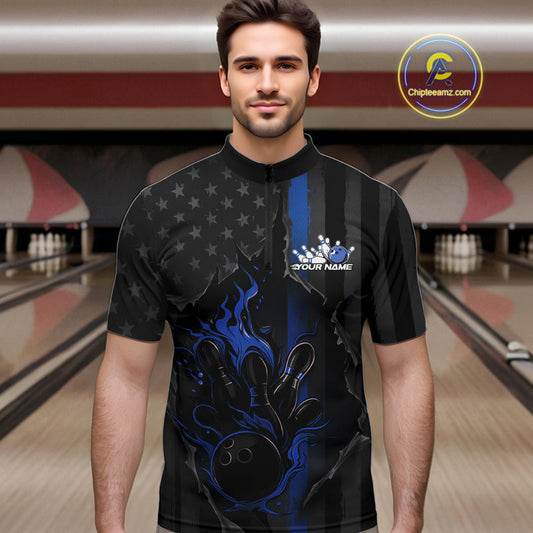 Custom Blue Thin Line American Flag Patriotic Flame Bowling Team Men Quarter-Zip Shirts IPHW10180