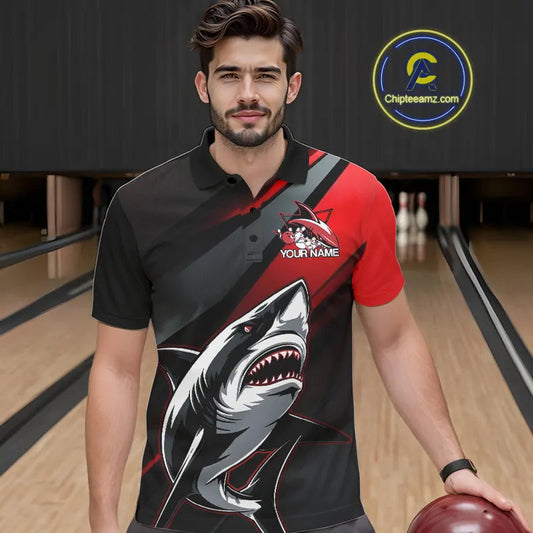 Custom Black And Red Shark Bowling Jerseys, Bowling Team Uniform Shark Men Polo Shirts IPHW8999