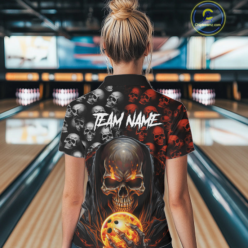Custom Skull Bowling Womens Quarter Zip Shirts Bowling Team Jerseys Halloween Outfits IPHW5346