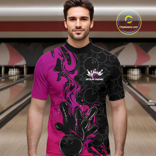 Custom Pink Purple Fire Flame Bowling Team Men Quarter-Zip Shirts, Bowling League Shirt IPHW10187