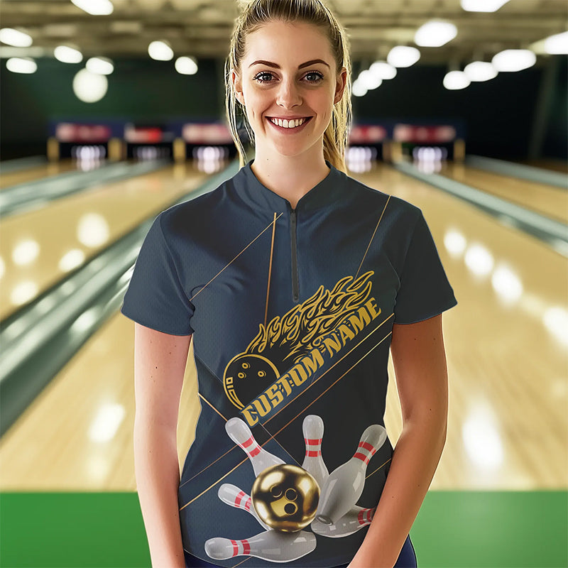 Custom Golden Bowling Shirts For Women, Flame Bowling Team Shirts Bowling Uniform IPHW7335