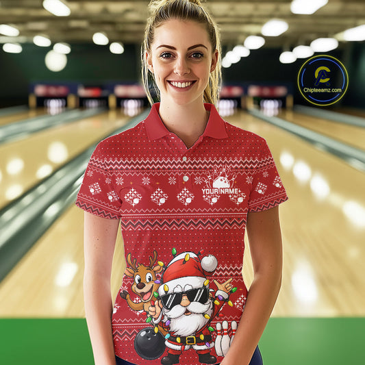 Custom Funny Christmas Women Bowling Shirts, Santa Claus And Reindeer Xmas Bowling Shirt IPHW10203