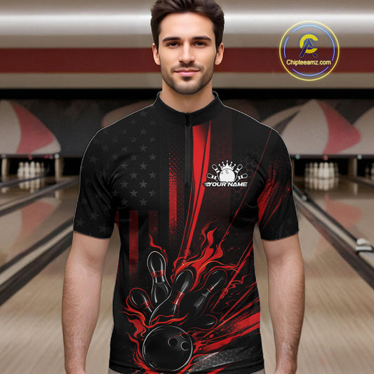 Custom Black And Red US Flag Patriotic Men Bowling Shirt, American Flame Bowling Jerseys IPHW10640