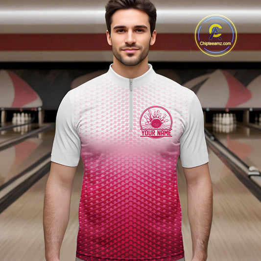 Custom Name Pink Bowling Jerseys For Men, Bowling League Quarter-Zip Shirt Bowler Outift IPHW10655