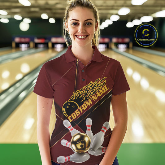 Custom Red And Gold Bowling Shirts For Women, Flame Bowling Team Shirts Bowling Uniform IPHW10660