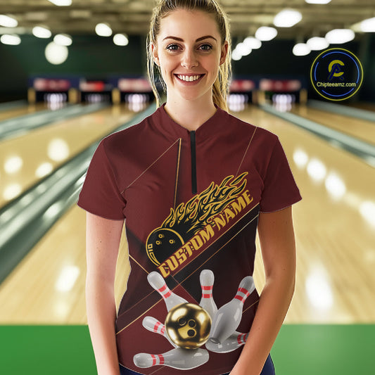 Custom Red And Gold Bowling Shirts For Women, Flame Bowling Team Shirts Bowling Uniform IPHW10660