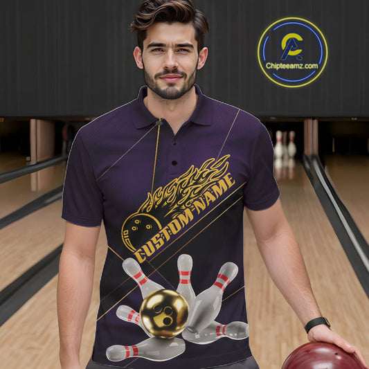 Custom Purple And Gold Bowling Shirts For Men, Flame Bowling Team Shirts Bowling Uniform IPHW10662