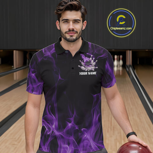 Male model at a bowling lane wearing a black and purple polo shirt with bowling action graphics and fiery design elements.