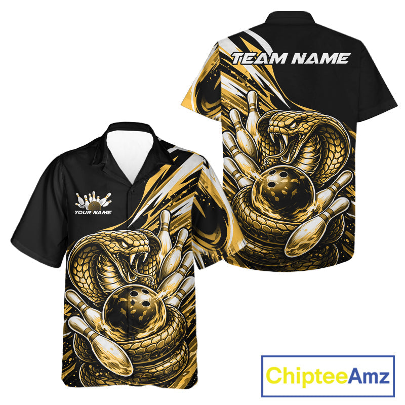 Custom Black And Yellow Cobra Snake Men And Women Bowling Hawaiian Shirts, Cobra Bowling Jerseys IPHW10372