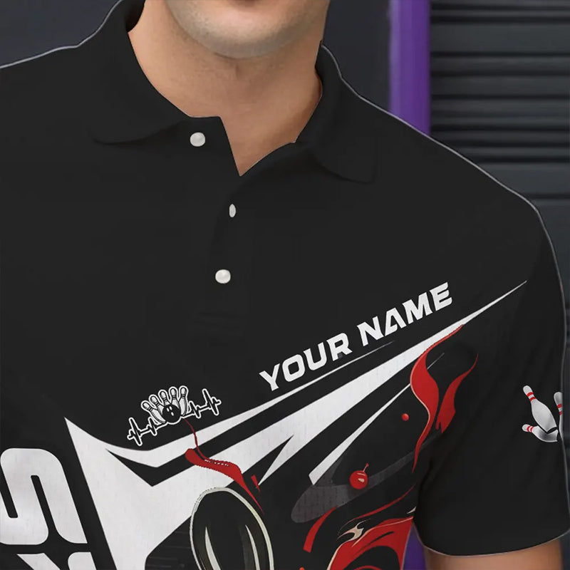 Custom Black And Red Flame Strike Bowling Polo Shirts For Men, Strike Bowling Jerseys IPHW8312