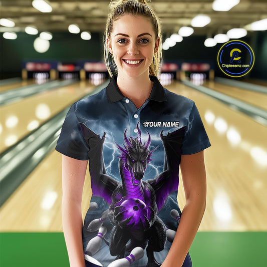 Custom Purple Dragon Bowling Women Polo Shirts, Dragon Bowling Team Tournament Outfit IPHW9107