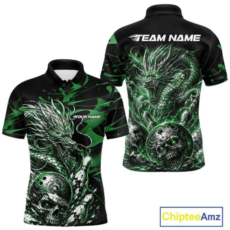 Personalised black and green flaming dragon bowling shirt featuring a skull bowling ball and flying pins artwork
