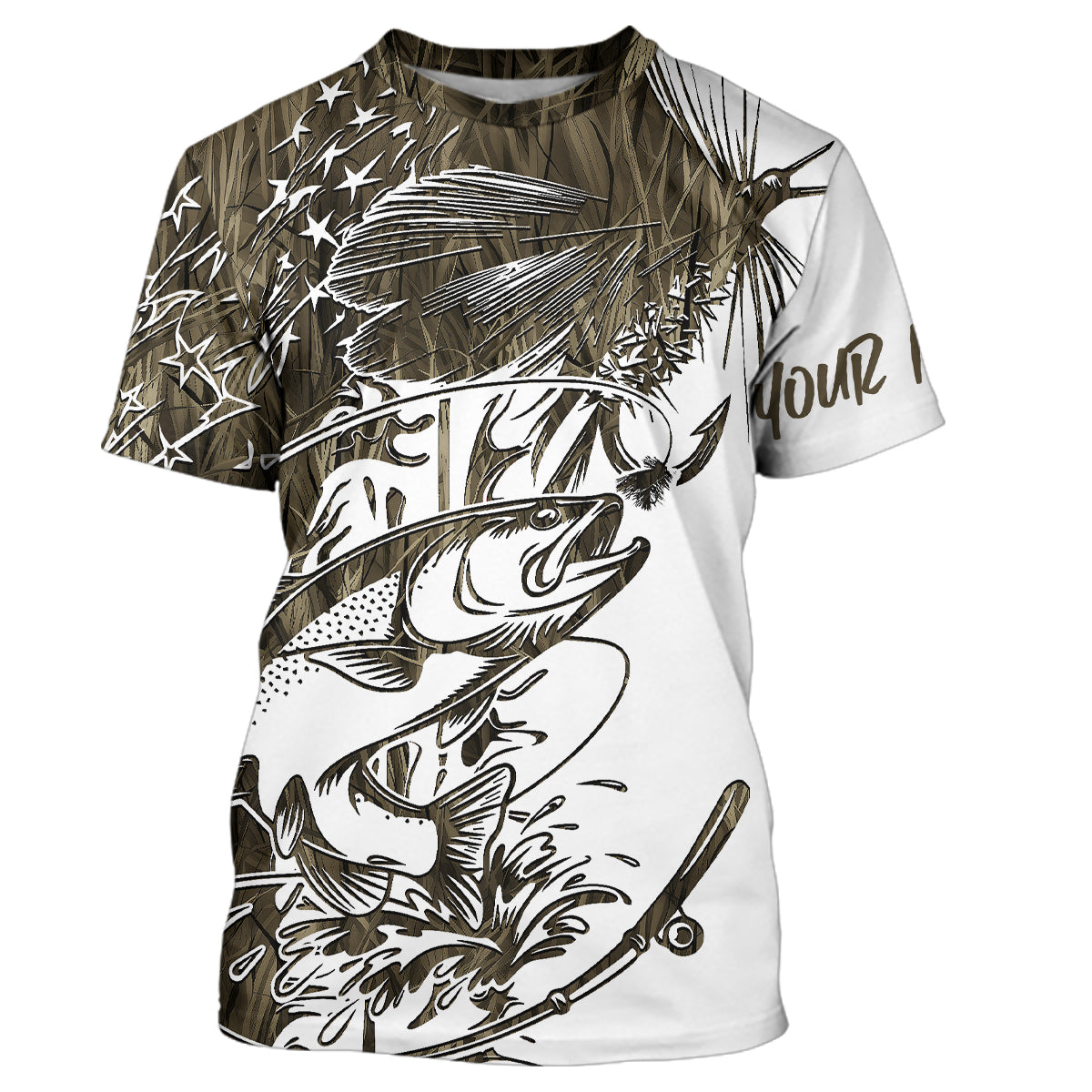 Custom Patriotic Trout Brown Camo Fly Fishing T-Shirts, US Flyfishing Shirt IPHW9142