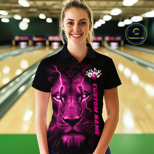 Custom Pink Thunder Lightning Lion Bowling Shirt For Women, Lion Bowling Team Jerseys IPHW10670