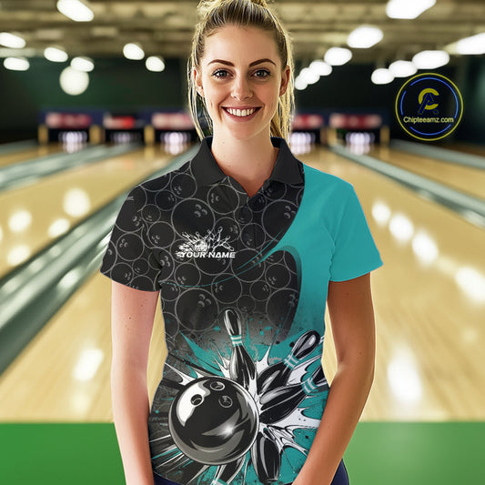Custom Blue Bowling Team Polo Shirts For Women, Bowling Pattern Bowling League Shirt IPHW9625