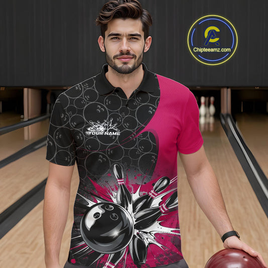Custom Pink Bowling Team Polo Shirts For Men, Bowling Pattern Bowling League Shirt IPHW9626