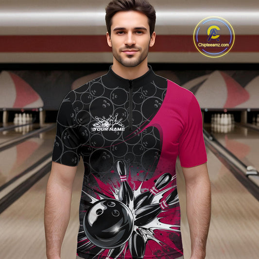 Custom Pink Bowling Team Quarter-Zip Shirts For Men, Bowling Pattern Bowling League Shirt IPHW9626