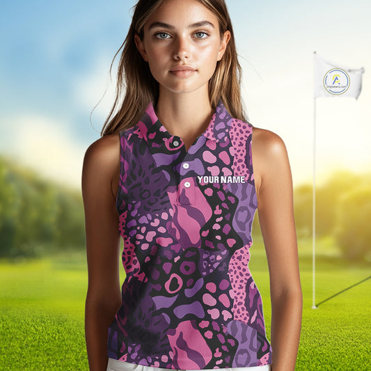 Pink and purple animal prints pattern Women Sleeveless Polo Shirt Custom ladies golf tops, golf gifts NQS10243