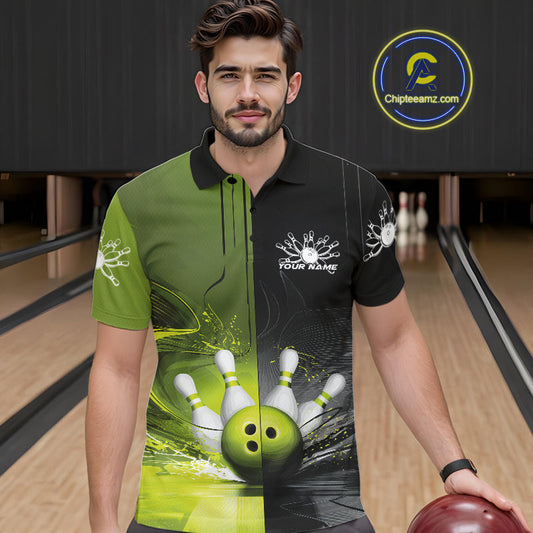 Half Black Half Green Custom Bowling Team Polo Shirts For Men, Bowling Tournament Shirt IPHW9445