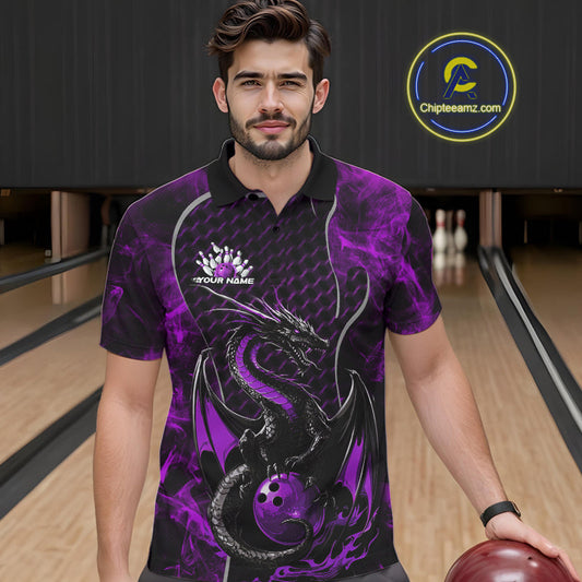 Custom Black And Purple Fire Flame Dragon Bowling Men Polo Shirt, Dragon Bowling Jersey IPHW9865