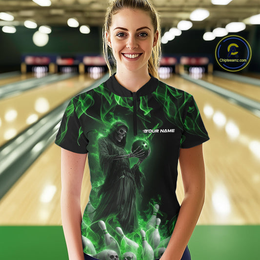 Custom Green Flame Grim Reaper Bowling Women Quarter-Zip Shirts, Halloween Bowling Outfit IPHW9731