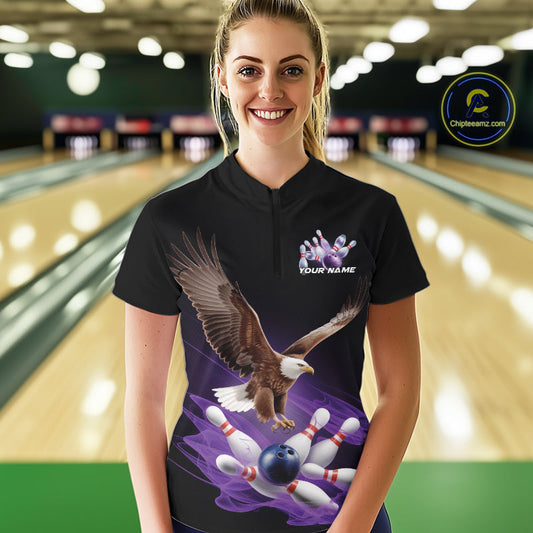 Custom Purple Flame Eagle Bowling Team Women Quarter-Zip Shirts, Bowling Tournament Shirt IPHW9369