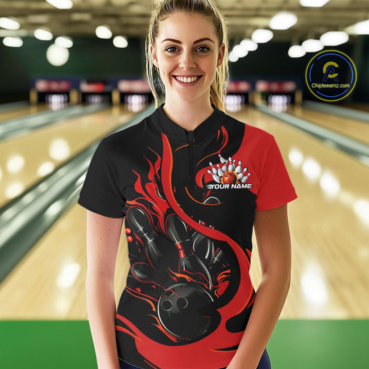 Custom Black And Red Flame Bowling Women Quarter-Zip Shirt, Bowling Team Uniform IPHW9245