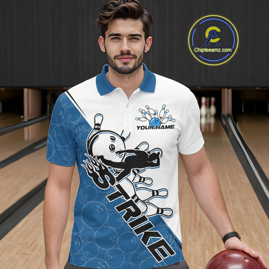 Cusom Blue Strike Bowling Team Polo Shirts For Men, Bowling League Shirt Bowlers Outfit IPHW9260