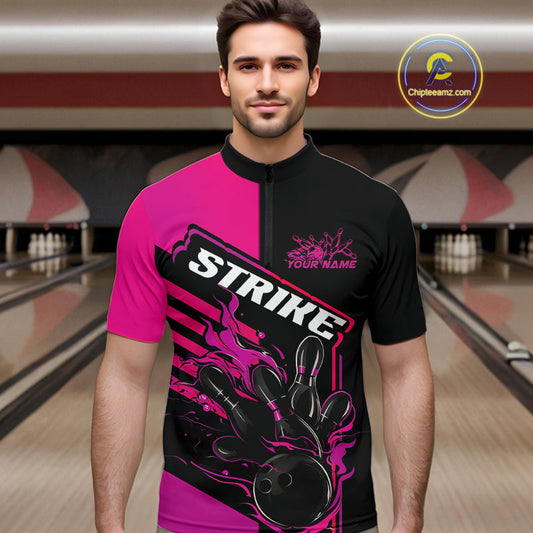 Custom Black And Pink Flame Strike Bowling Quarter-Zip Shirts For Men, Fire Bowling League Shirt IPHW9269