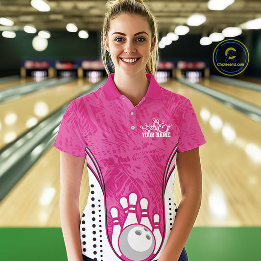 Custom Pink Camo Bowling Team Polo Shirts For Women, Bowling Jerseys Bowler Outfit IPHW9596