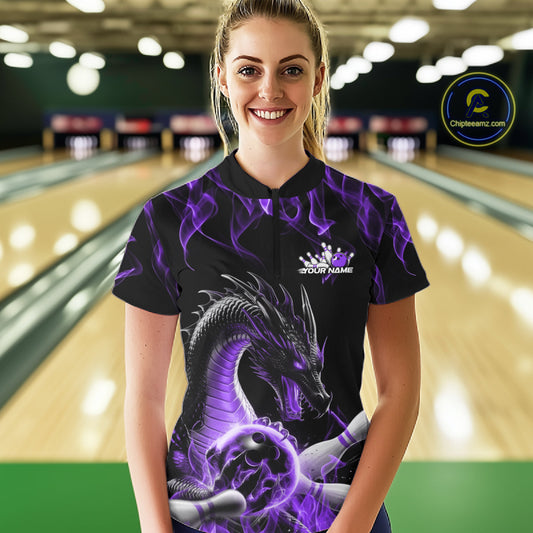 Custom Black And Purple Fire Flame Dragon Bowling Women Quarter-Zip Team Shirt IPHW9823