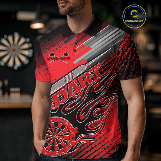 Custom Black And Red Flame Dartboard Dart Polo Shirts For Men, Dart Team Uniform IPHW9684
