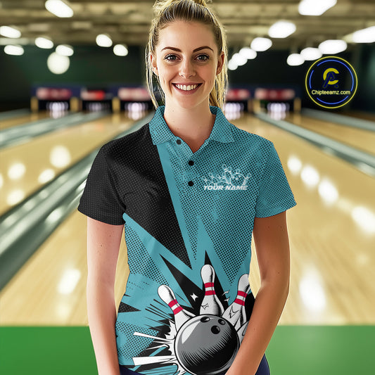Custom Blue Bowling Jerseys, Bowling Team Women Polo Shirts Bowling League Shirt IPHW9393