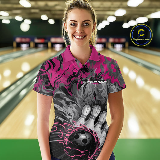 Custom Pink Flame Bowling Team Polo Shirts For Women, Fire Bowling Jerseys IPHW9561
